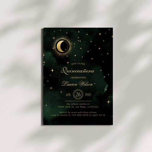 Celestial Midnight Green Gold Stars Quinceanera Invitation