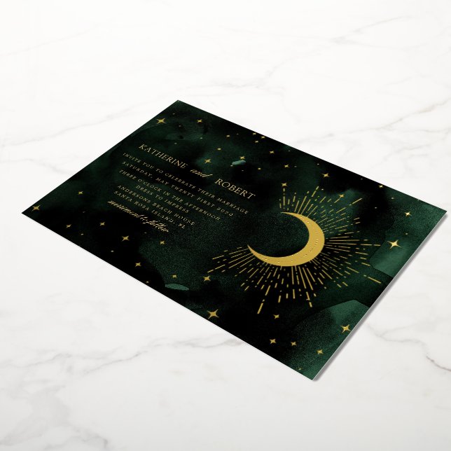 Celestial Midnight Green Gold Stars Wedding Foil Invitation (Rotated)