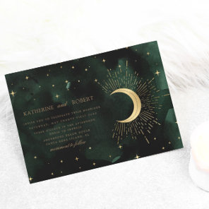 Celestial Midnight Green Gold Stars Wedding Invitation
