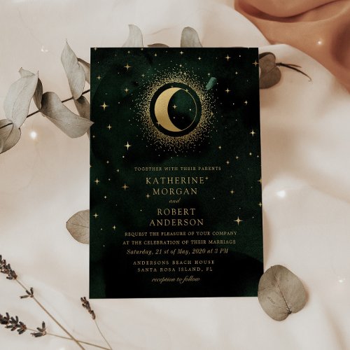 Celestial Midnight Green Stars Moon Wedding Invitation