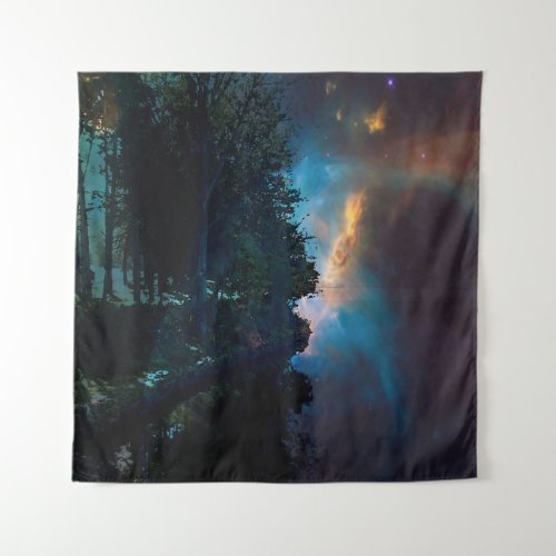 Celestial Midnight on the blue lake shore Tapestry