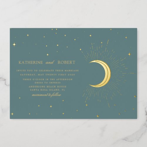 celestial midnight sage gold stars Wedding Foil Invitation