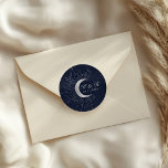 Celestial Midnight Silver Moon Wedding Classic Round Sticker<br><div class="desc">Our "Celestial Silver Wedding" collection features a beautiful crescent moon with silver stars in various designs on a velvet midnight blue background paired with elegant fonts. Easy to you to customize and you can choose among many items from this collection in our store.</div>