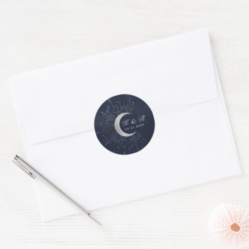 Celestial Midnight Silver Moon Wedding Classic Round Sticker