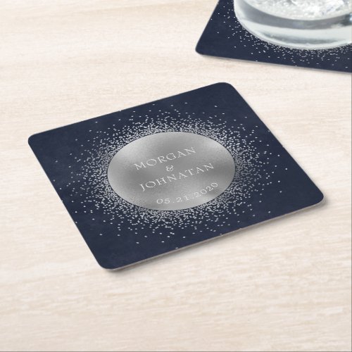 Celestial Midnight Silver Moon Wedding Square Paper Coaster