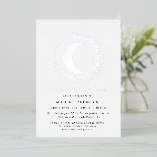 celestial midnight stars celebration of life foil  foil invitation (Standing Front)