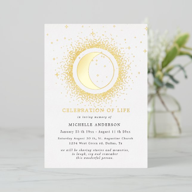 celestial midnight stars celebration of life foil invitation (Standing Front)
