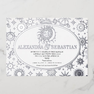 Celestial Midnight Stars Moon Sun Wedding Silver Foil Invitation