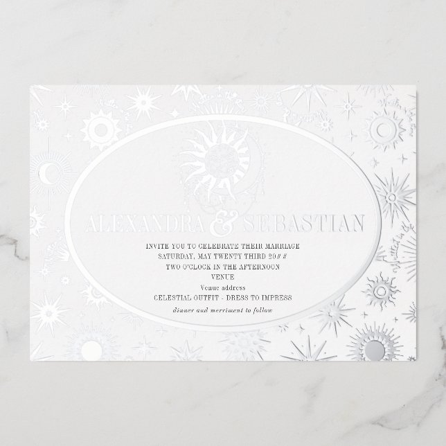 Celestial Midnight Stars Moon Sun Wedding Silver Foil Invitation (Front)