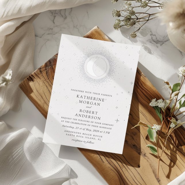 Celestial Midnight Stars Moon Wedding Foil Invitation (Creator Uploaded)