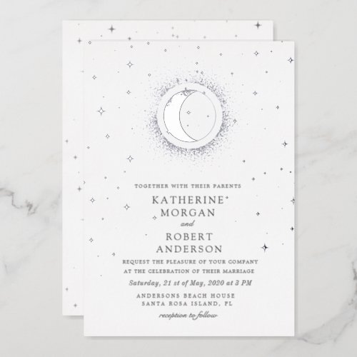 Celestial Midnight Stars Moon Wedding Foil Invitation