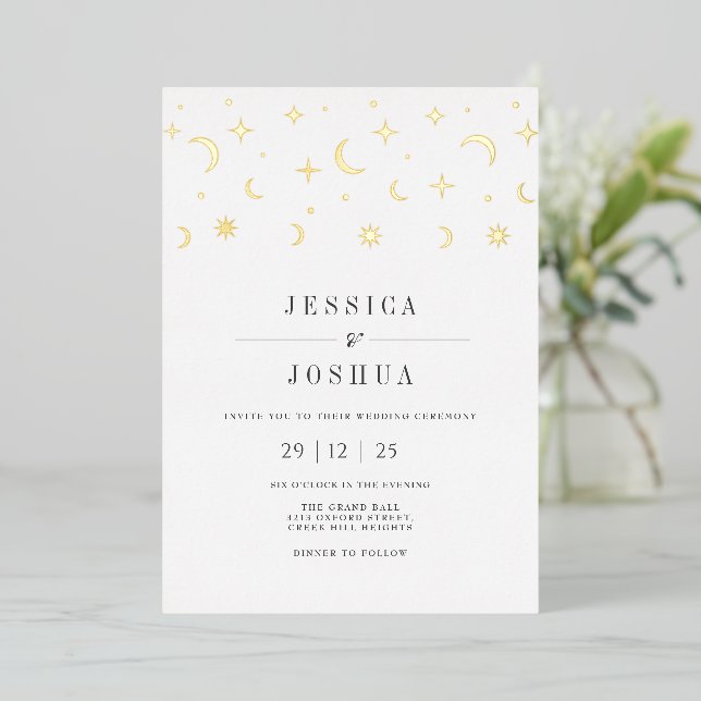Celestial Minimalist Star Moon Elegant Mystical Foil Invitation (Standing Front)