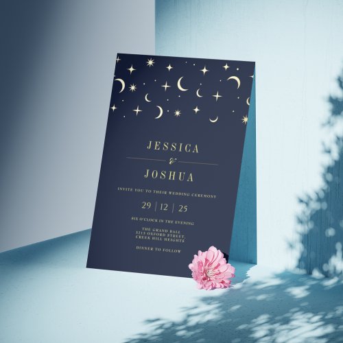 Celestial Minimalist Star Moon Elegant Navy Foil Invitation