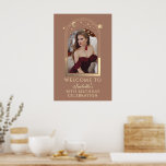 Celestial Mocha Gold 30th Birthday Welcome Poster<br><div class="desc">Celestial Mocha Mousse Gold 30th Birthday Welcome Poster features an elegant gold sun, moon and stars frame on a mocha mousse background. Inside is your favorite photo and below your birthday welcome sign information. Personalize by editing the text in the text boxes and adding your favorite photo. Designed for you...</div>