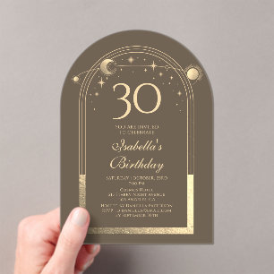 Celestial Mocha Gold Sun Moon Stars 30th Birthday Acrylic Invitations