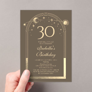 Celestial Mocha Gold Sun Moon Stars 30th Birthday Acrylic Invitations