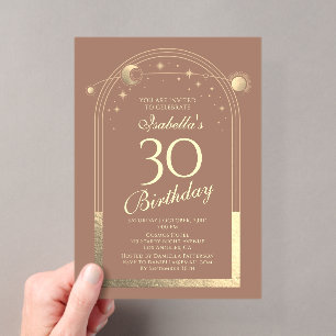 Celestial Mocha Gold Sun Moon Stars 30th Birthday Acrylic Invitations