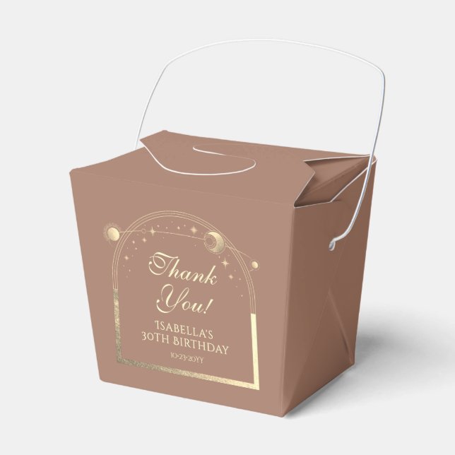 Celestial Mocha Gold Sun Moon Stars 30th Birthday Favor Boxes (Front Side)