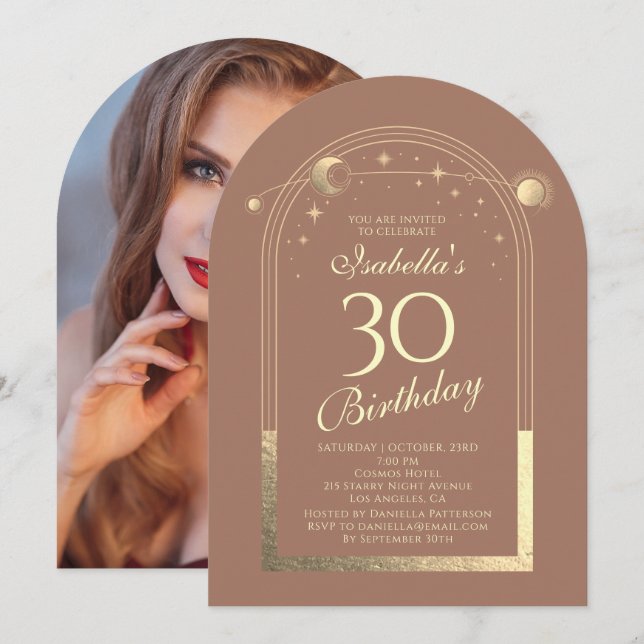 Celestial Mocha Gold Sun Moon Stars 30th Birthday Invitation (Front/Back)