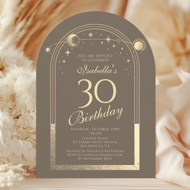 Celestial Mocha Gold Sun Moon Stars 30th Birthday Invitation (Creator Uploaded)