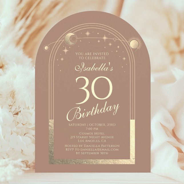 Celestial Mocha Gold Sun Moon Stars 30th Birthday Invitation (Creator Uploaded)