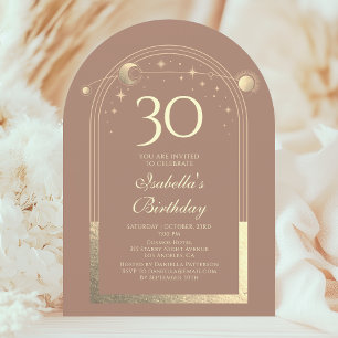 Celestial Mocha Gold Sun Moon Stars 30th Birthday Invitation