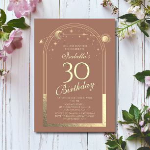 Celestial Mocha Gold Sun Moon Stars 30th Birthday Invitation