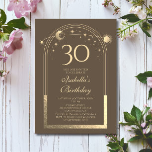 Celestial Mocha Gold Sun Moon Stars 30th Birthday Invitation