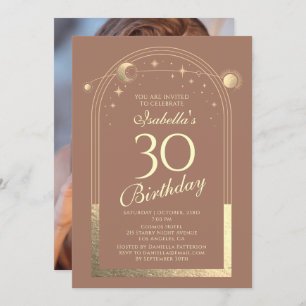 Celestial Mocha Gold Sun Moon Stars 30th Birthday Invitation