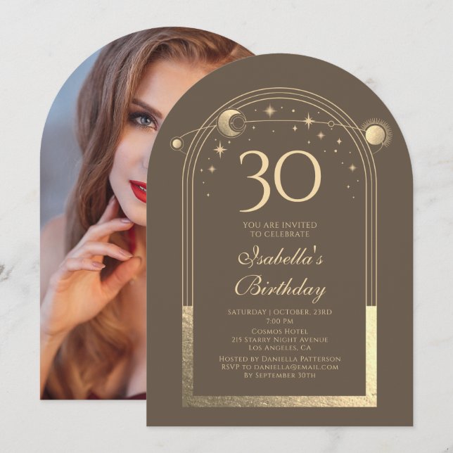 Celestial Mocha Gold Sun Moon Stars 30th Birthday Invitation (Front/Back)