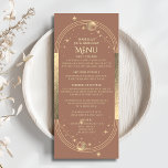 Celestial Mocha Gold Sun Moon Stars 30th Birthday Menu<br><div class="desc">Celestial Mocha Mousse Gold Sun Moon Stars 30th Birthday Menu Cards features a golden sun, moon and stars on a mocha mousse background with your menu details in the center in modern gold calligraphy script. Personalize by editing the text in the text boxes provided. Designed for you by Evco Studio...</div>