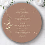 Celestial Mocha Gold Sun Moon Stars 30th Birthday Menu<br><div class="desc">Celestial Mocha Mousse Gold Sun Moon Stars 30th Birthday Menu Cards features a golden stars on a mocha mousse background with your menu details in the center in modern gold calligraphy script. Personalize by editing the text in the text boxes provided. Designed for you by Evco Studio www.zazzle.com/store/evcostudio</div>