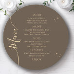 Celestial Mocha Gold Sun Moon Stars 30th Birthday Menu<br><div class="desc">Celestial Mocha Gold Sun Moon Stars 30th Birthday Menu Cards features a golden stars on a mocha background with your menu details in the center in modern gold calligraphy script. Personalize by editing the text in the text boxes provided. Designed for you by Evco Studio www.zazzle.com/store/evcostudio</div>