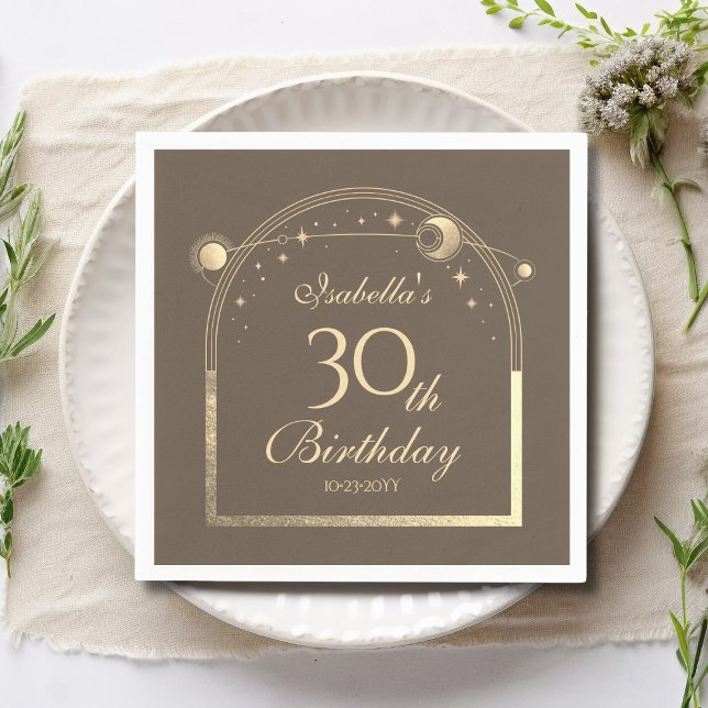 Celestial Mocha Gold Sun Moon Stars 30th Birthday Napkins (Creator Uploaded)