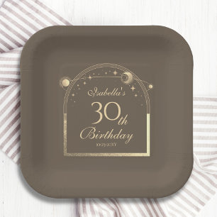 Celestial Mocha Gold Sun Moon Stars 30th Birthday Paper Plates