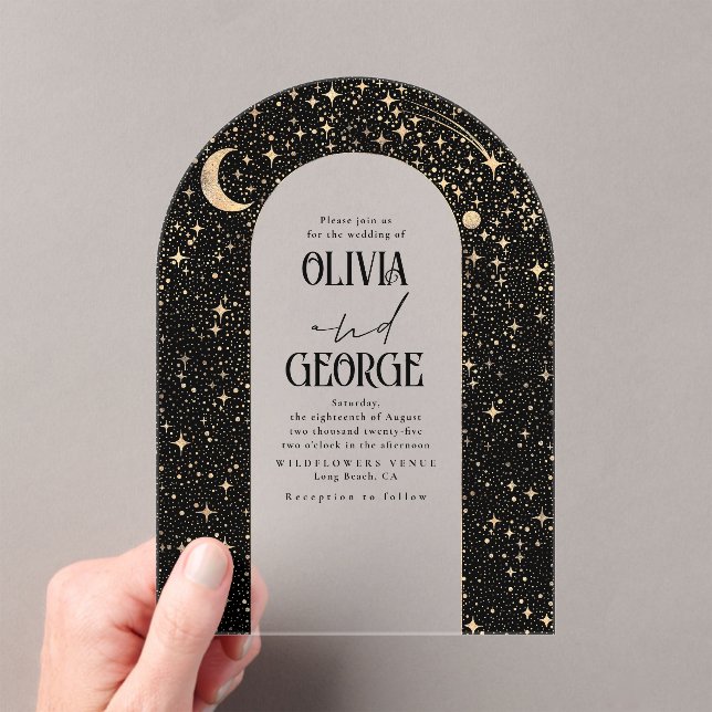 Celestial Modern Black Gold Wedding Arch Acrylic Invitations (Insitu (Handheld))