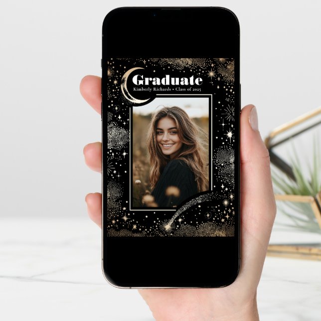 Celestial Modern Black Graduate Photo Graduation Announcement (Front Digital)