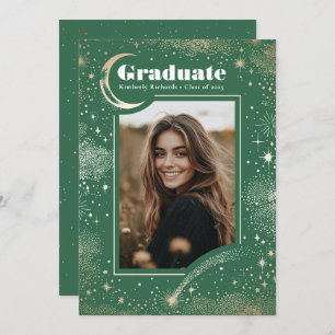 Celestial Modern Green Graduate Photo Graduation Announcement
