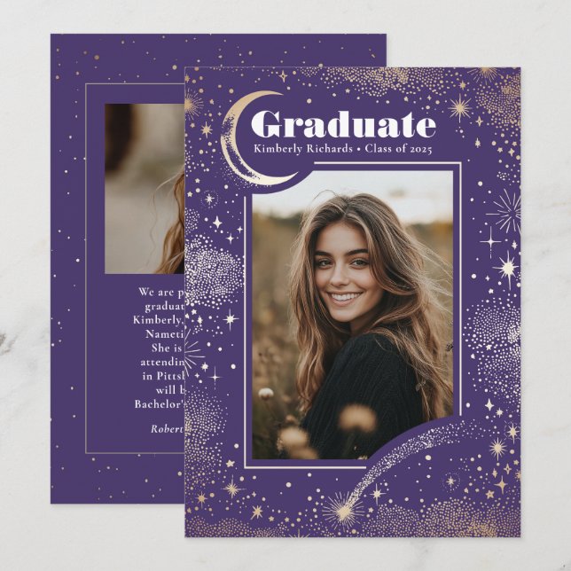 Celestial Modern Purple Graduate Photo Graduation Announcement (Front/Back)