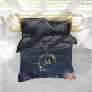Celestial Monogram Blue Gold Galaxy Sky Planets Duvet Cover