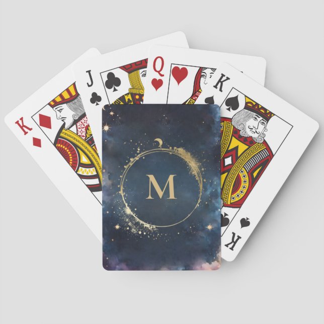 Celestial Monogram Blue Gold Galaxy Sky Planets Poker Cards (Back)