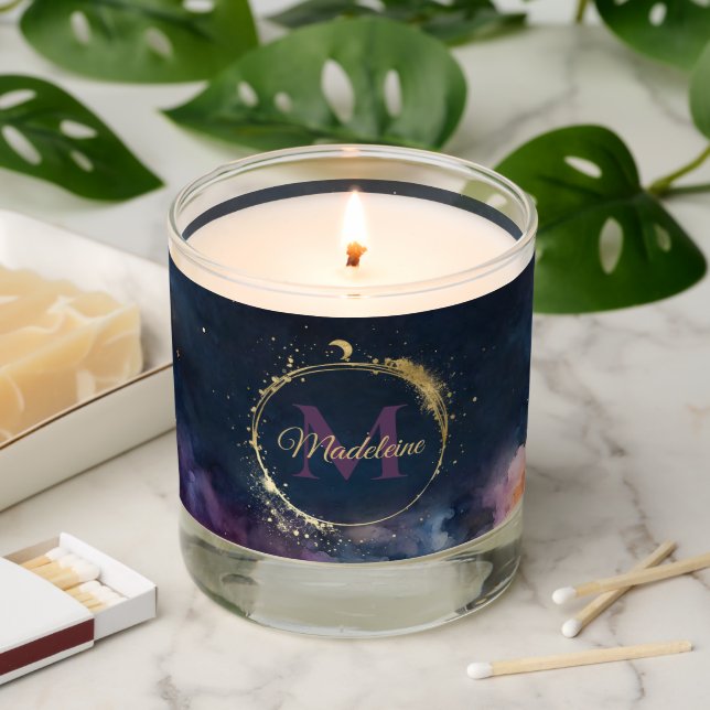Celestial Monogram Blue Gold Galaxy Sky Planets Scented Candle (Lit)