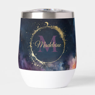 Celestial Monogram Blue Gold Galaxy Sky Planets Thermal Wine Tumbler