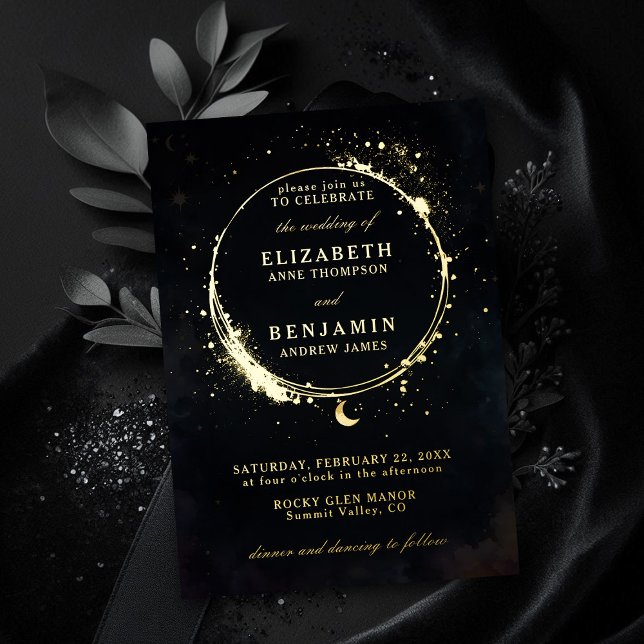 Celestial Moody Whimsical Elegant Gold Wedding Foil Invitation (celestial wedding invitation elegant modern whimsical moon stars sky frame moody dark gold foil)