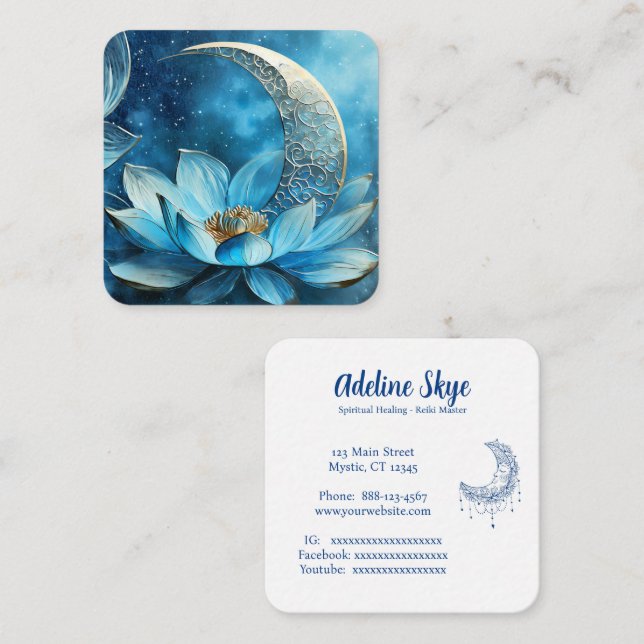 Celestial moon and lotus flower square business card (Front/Back)