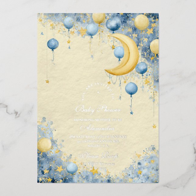 Celestial Moon and Stars Baby Shower Foil Invitation (Front)