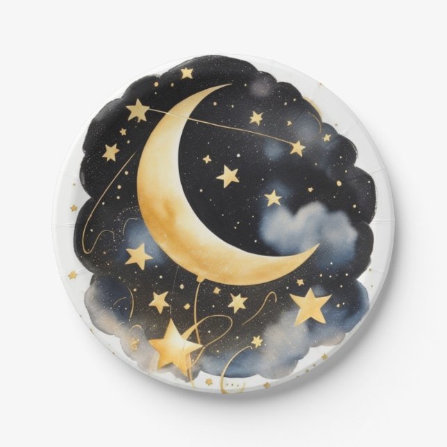 Celestial Moon and Stars Baby Shower Paper Plates (Front)