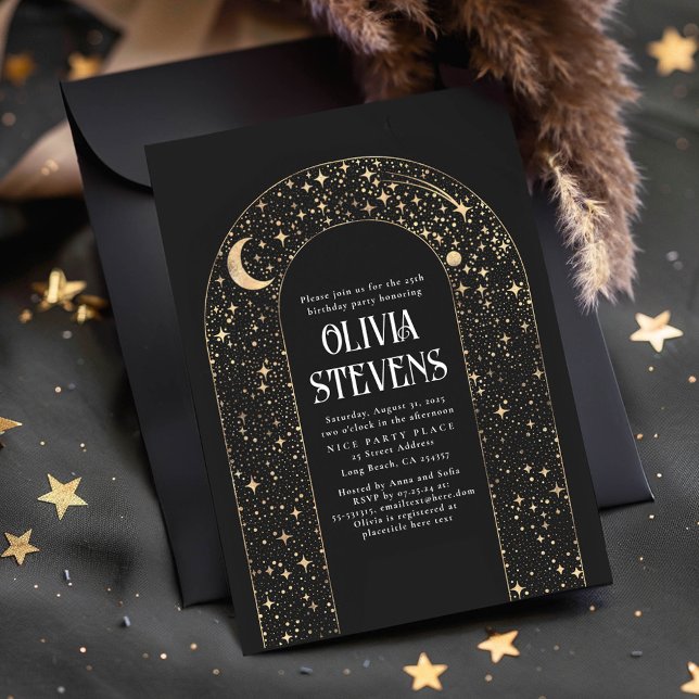 Celestial Moon and Stars Black Mystical Birthday Invitation (Celestial Astronomy Birthday Invitations)