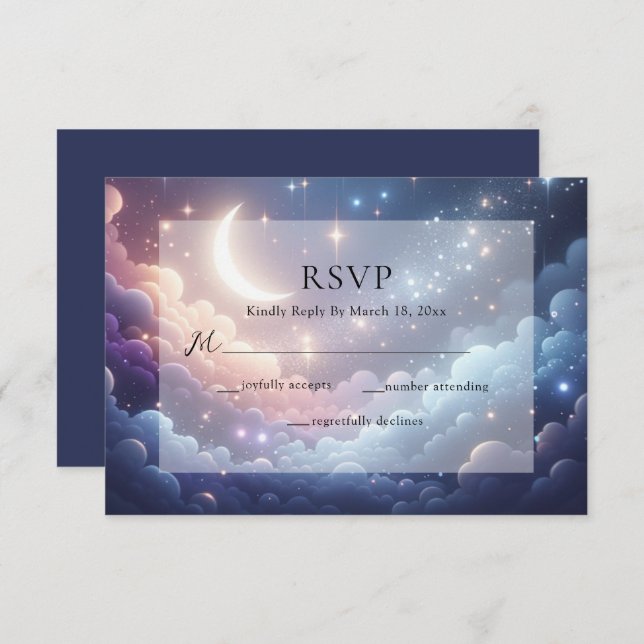 Celestial Moon and Stars Blue Wedding  RSVP Card (Front/Back)
