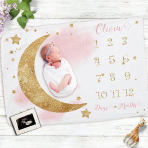 Celestial Moon and Stars Blush Pink Gold Milestone Baby Blanket